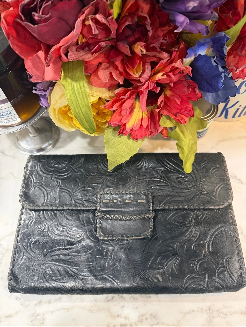 Hand-Tooled Leather Envelope Clutch - Black